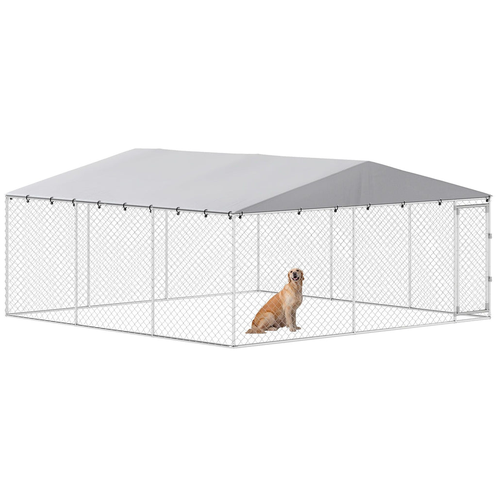 15' x 15' x 7' Dog Kennel Outdoor for Small Medium Large Dogs with Waterproof Roof, Silver - Dog Time Outlet