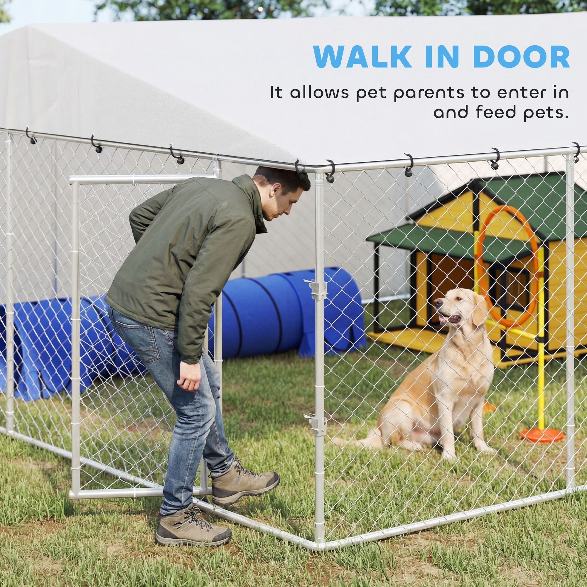 15' x 15' x 7' Dog Kennel Outdoor for Small Medium Large Dogs with Waterproof Roof, Silver - Dog Time Outlet