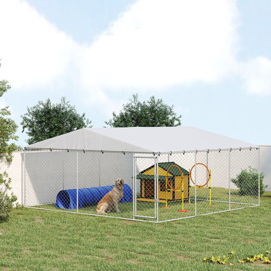 15' x 15' x 7' Dog Kennel Outdoor for Small Medium Large Dogs with Waterproof Roof, Silver - Dog Time Outlet