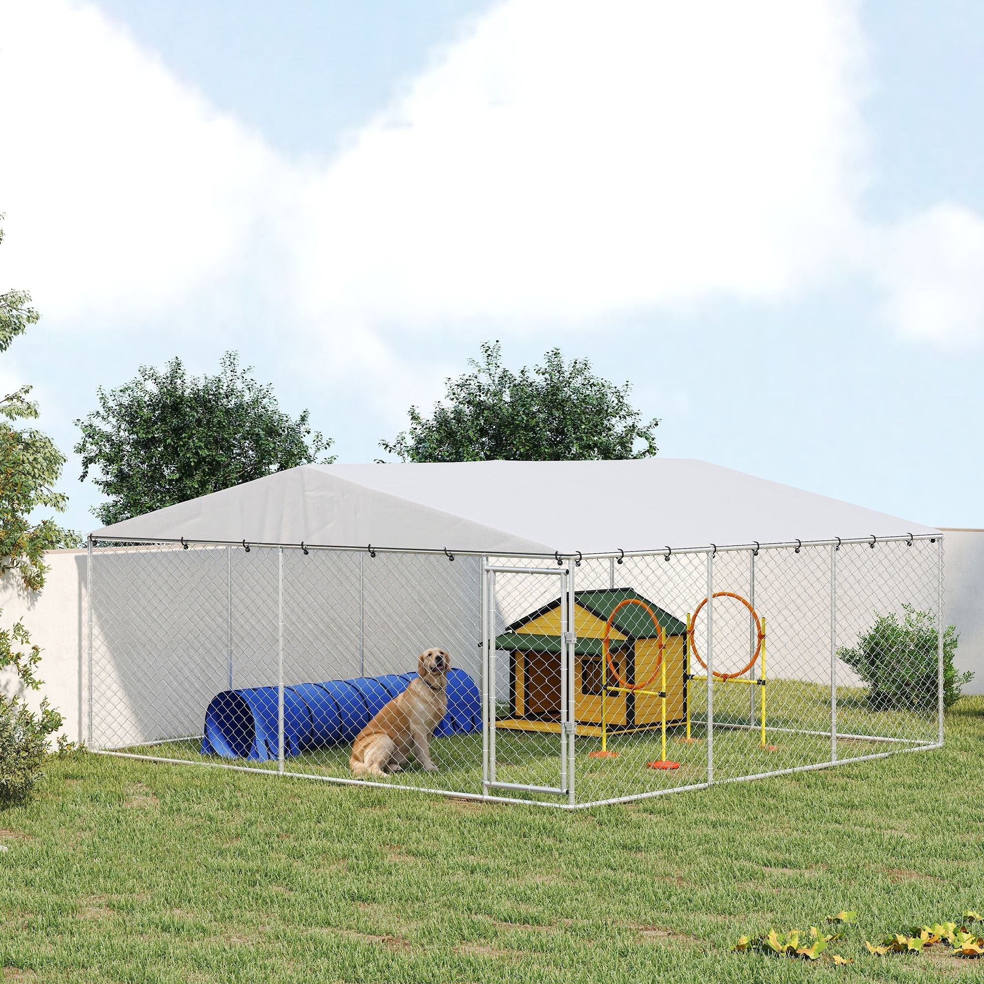 15' x 15' x 7' Dog Kennel Outdoor for Small Medium Large Dogs with Waterproof Roof, Silver - Dog Time Outlet