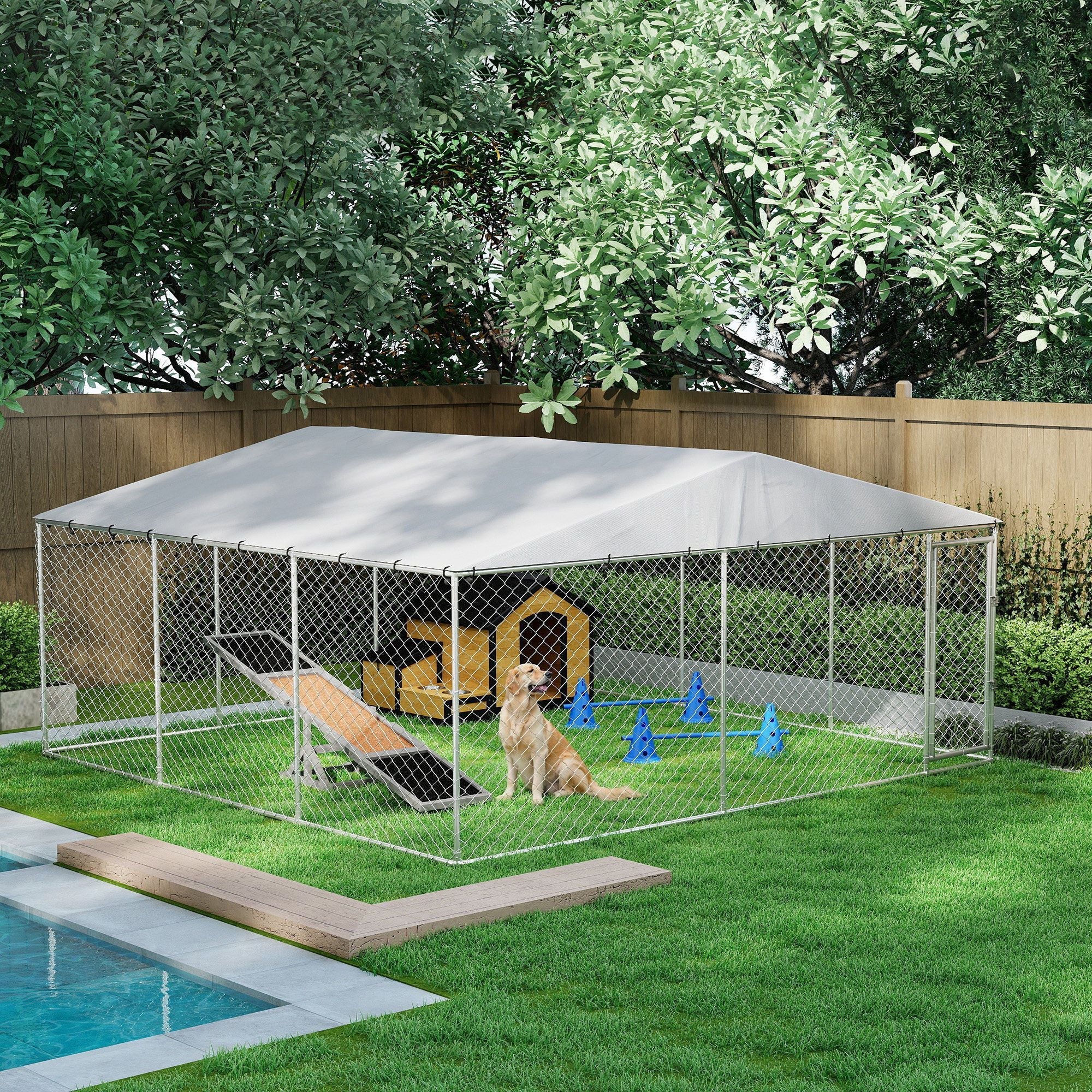 15' x 15' x 7' Dog Kennel Outdoor for Small Medium Large Dogs with Waterproof Roof, Silver - Dog Time Outlet