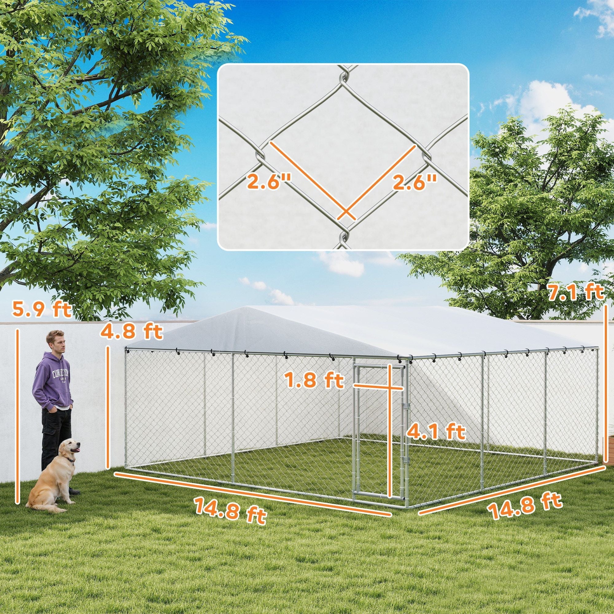 15' x 15' x 7' Dog Kennel Outdoor for Small Medium Large Dogs with Waterproof Roof, Silver - Dog Time Outlet
