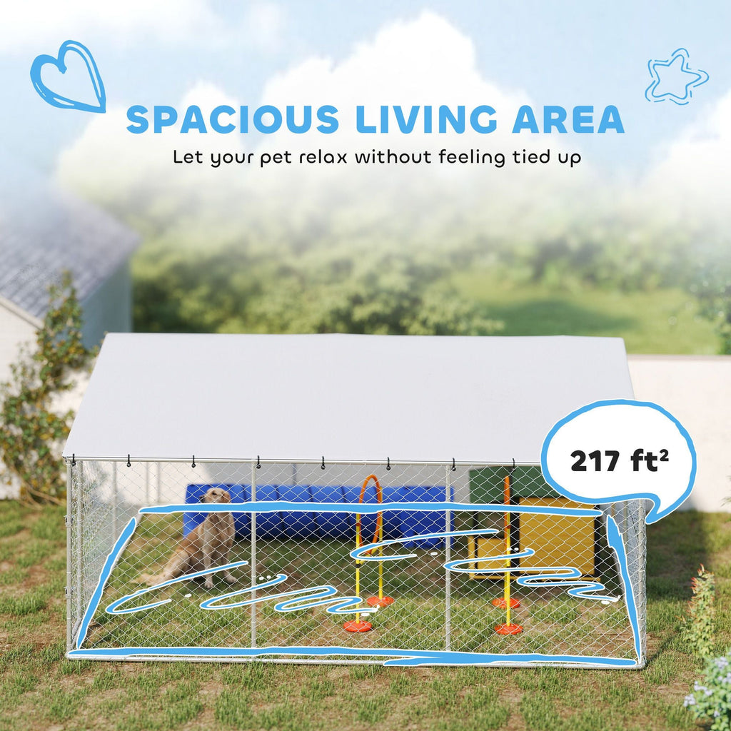 15' x 15' x 7' Dog Kennel Outdoor for Small Medium Large Dogs with Waterproof Roof, Silver - Dog Time Outlet
