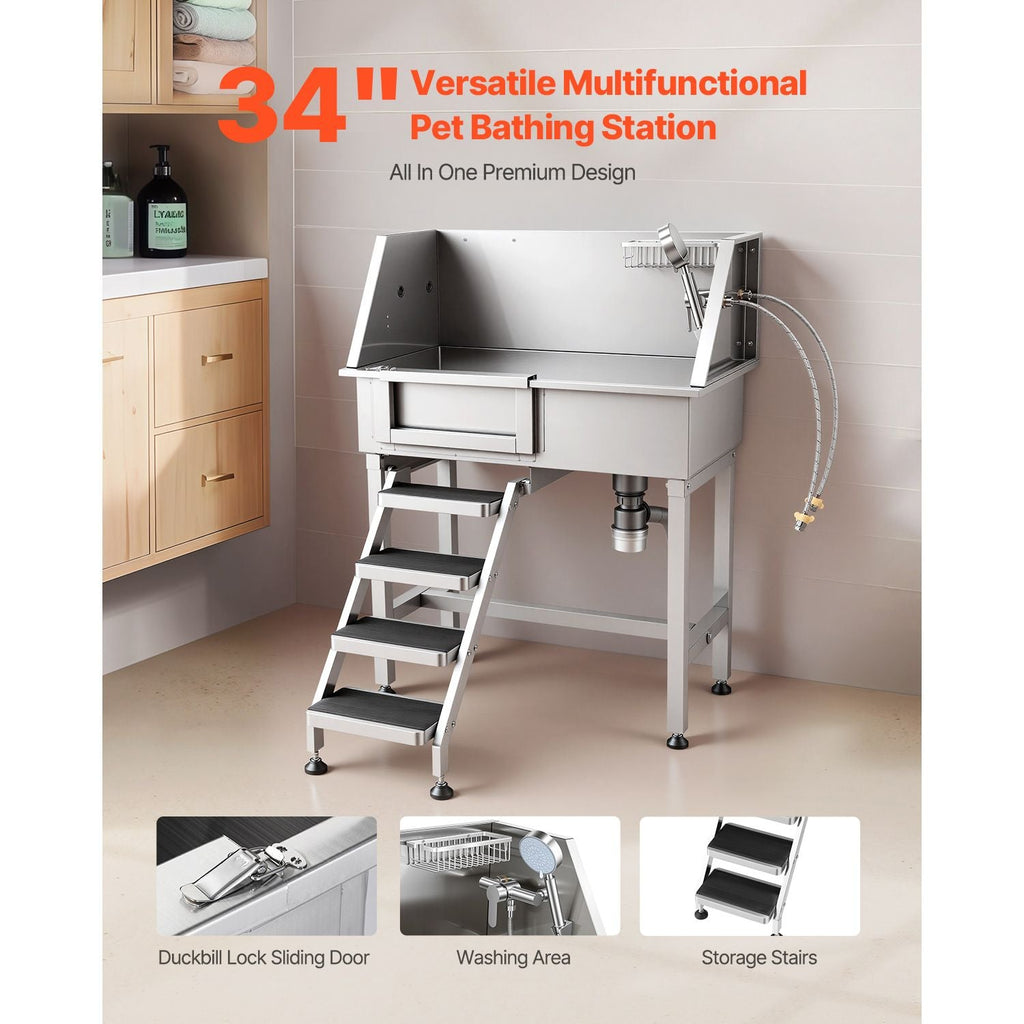 34" Dog Washing Station, Stainless Steel Pet Grooming Tub Bathtub, Professional Dog Wash Sink with Shower, Faucet, Soap Holder, Non - Slip Stairs Easy - Clean Design for Small Pets Cats (Left Door) - Dog Time Outlet
