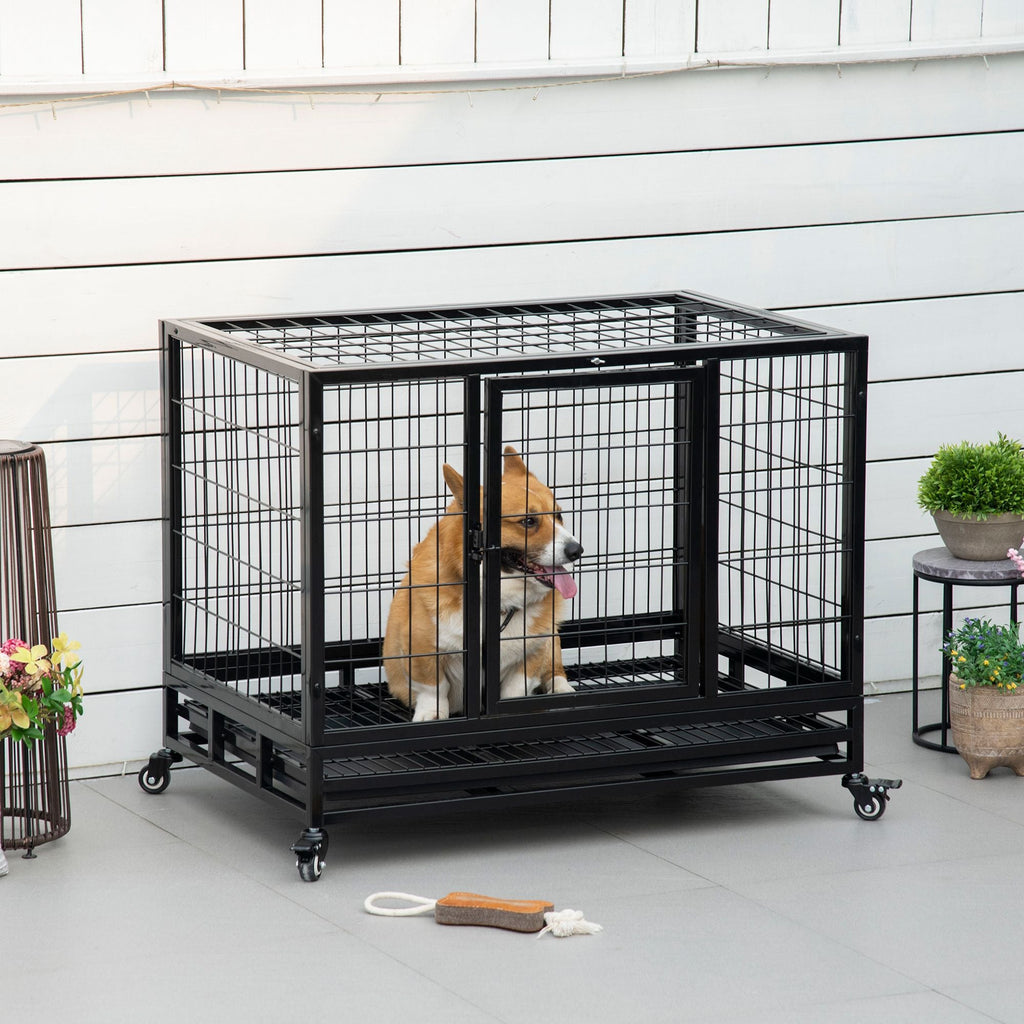 36" Heavy Duty Dog Crate with Removable Tray, Lockable Wheels and Double Door, for Medium and Large Dogs, Black - Dog Time Outlet