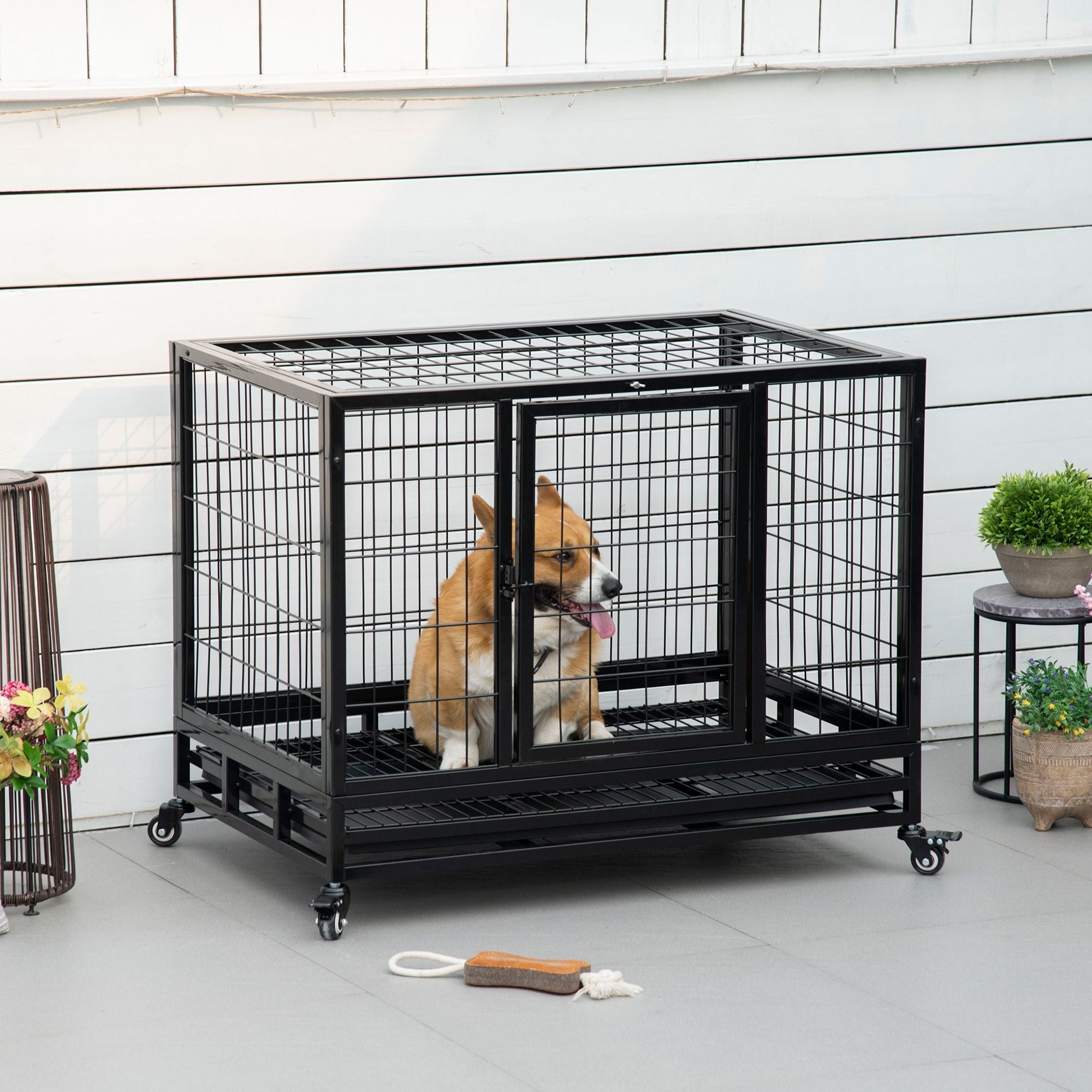 36" Heavy Duty Dog Crate with Removable Tray, Lockable Wheels and Double Door, for Medium and Large Dogs, Black - Dog Time Outlet