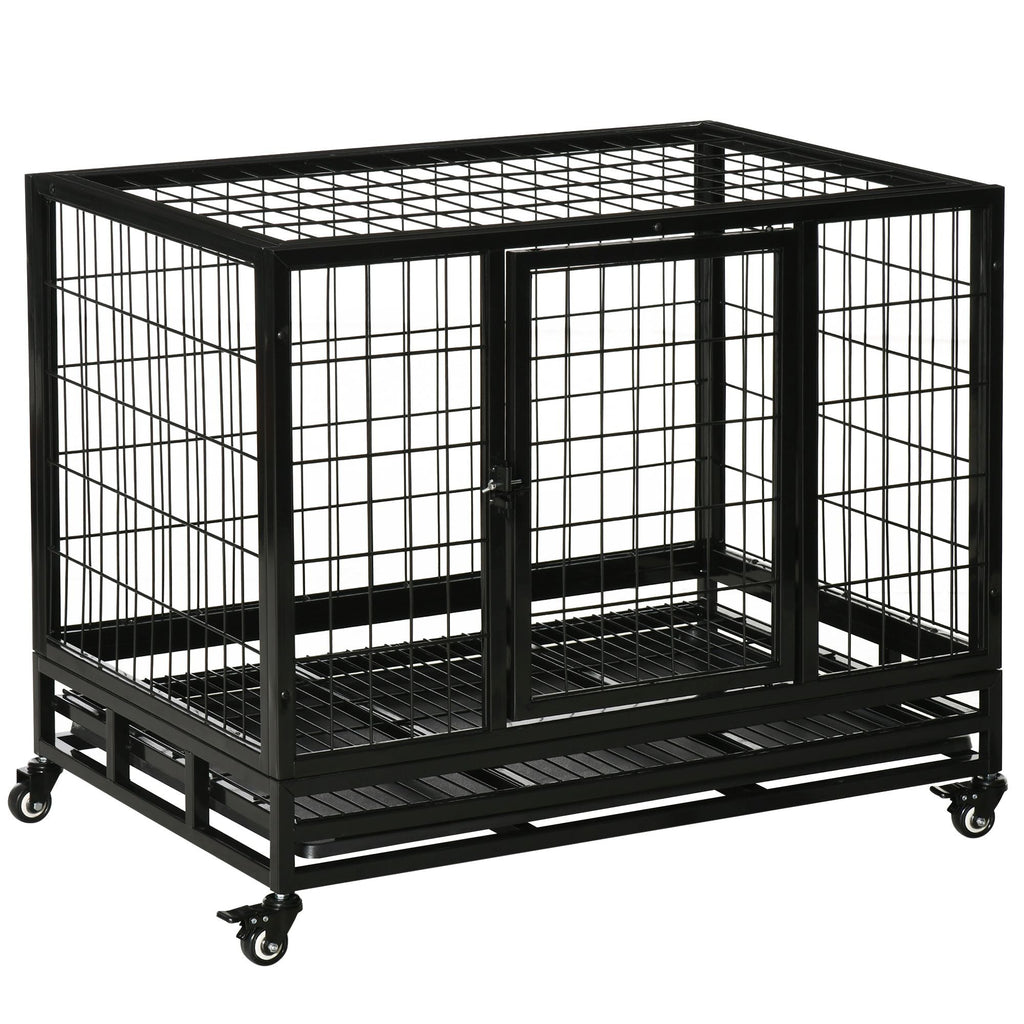 36" Heavy Duty Dog Crate with Removable Tray, Lockable Wheels and Double Door, for Medium and Large Dogs, Black - Dog Time Outlet