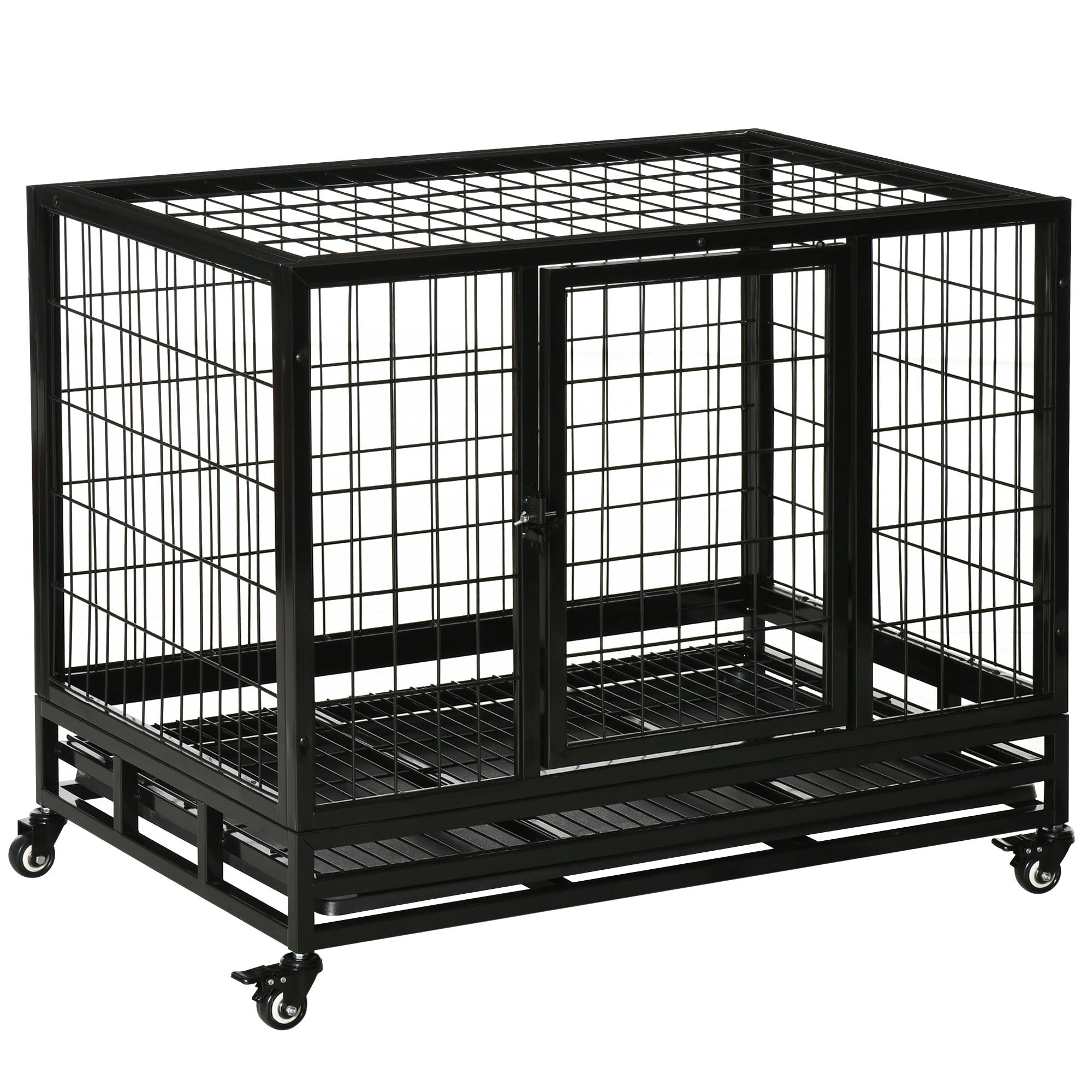 36" Heavy Duty Dog Crate with Removable Tray, Lockable Wheels and Double Door, for Medium and Large Dogs, Black - Dog Time Outlet