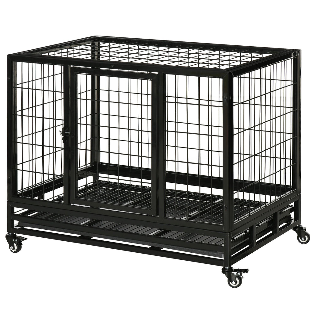 36" Heavy Duty Dog Crate with Removable Tray, Lockable Wheels and Double Door, for Medium and Large Dogs, Black - Dog Time Outlet