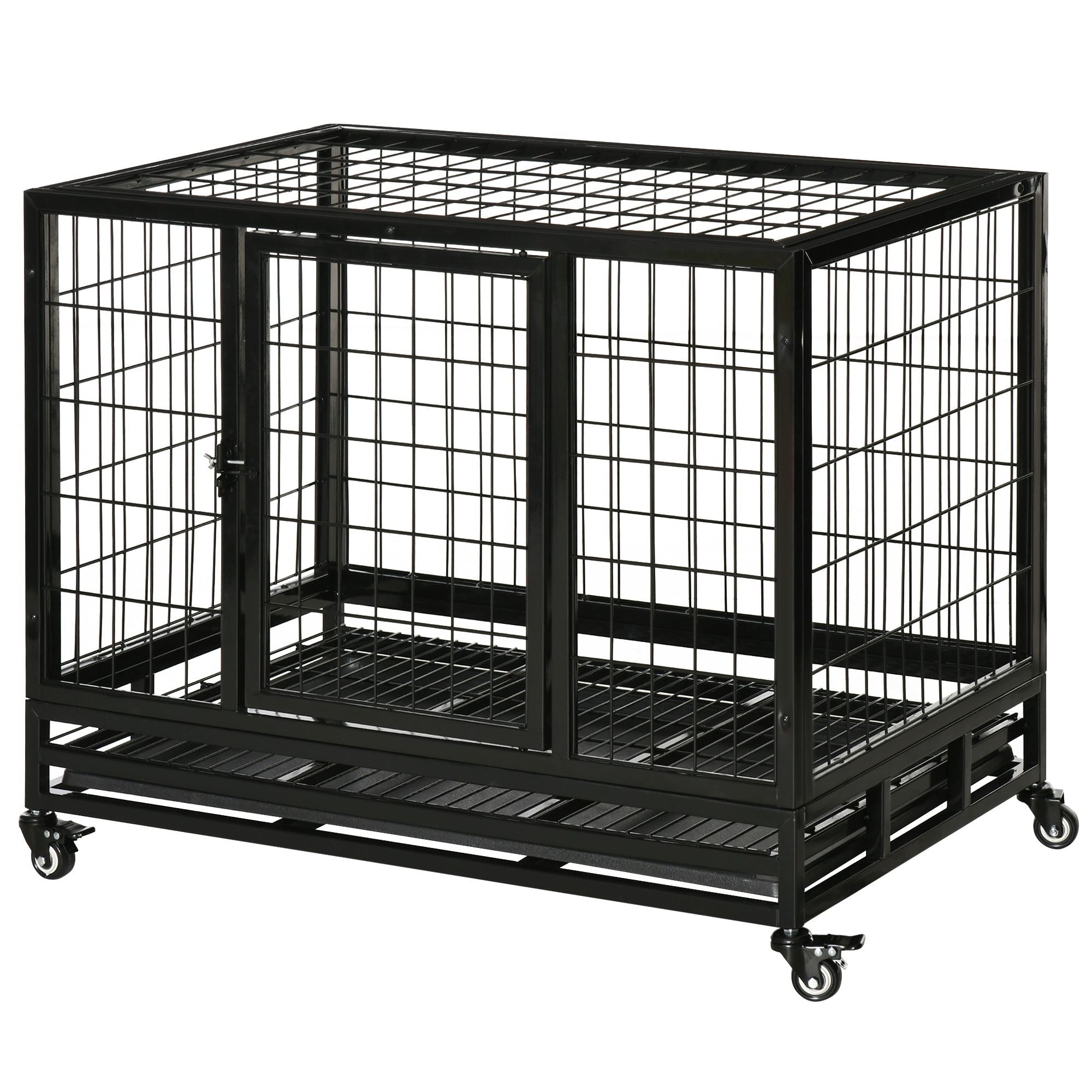 36" Heavy Duty Dog Crate with Removable Tray, Lockable Wheels and Double Door, for Medium and Large Dogs, Black - Dog Time Outlet