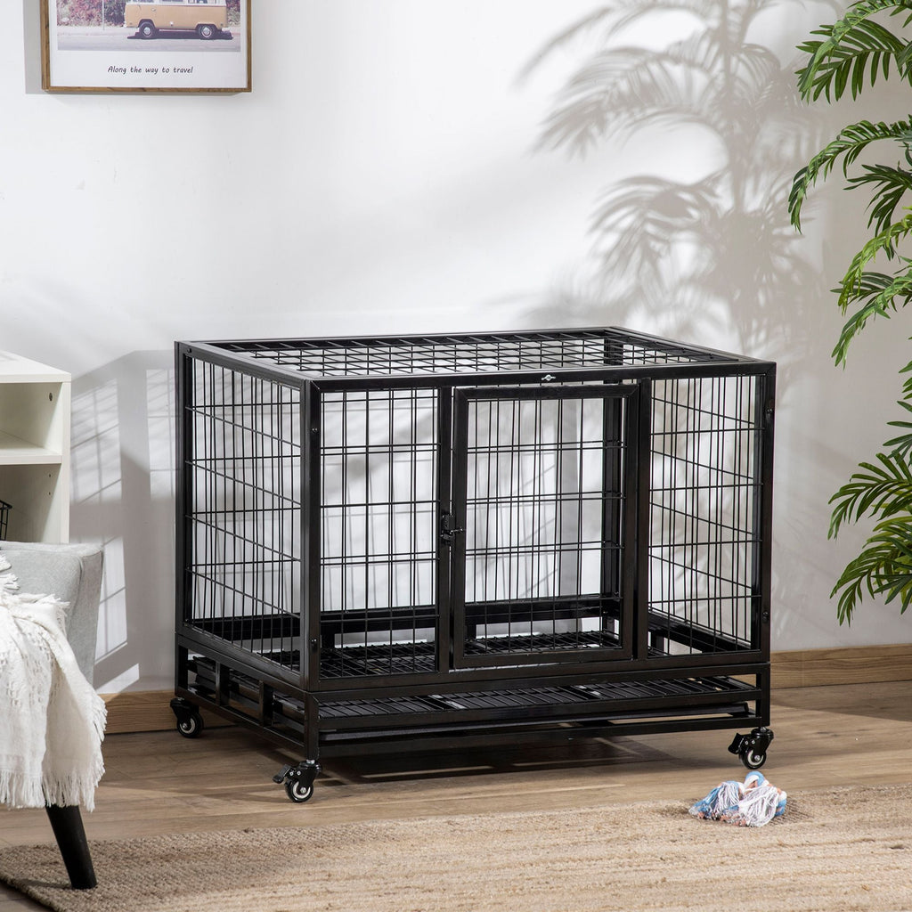36" Heavy Duty Dog Crate with Removable Tray, Lockable Wheels and Double Door, for Medium and Large Dogs, Black - Dog Time Outlet