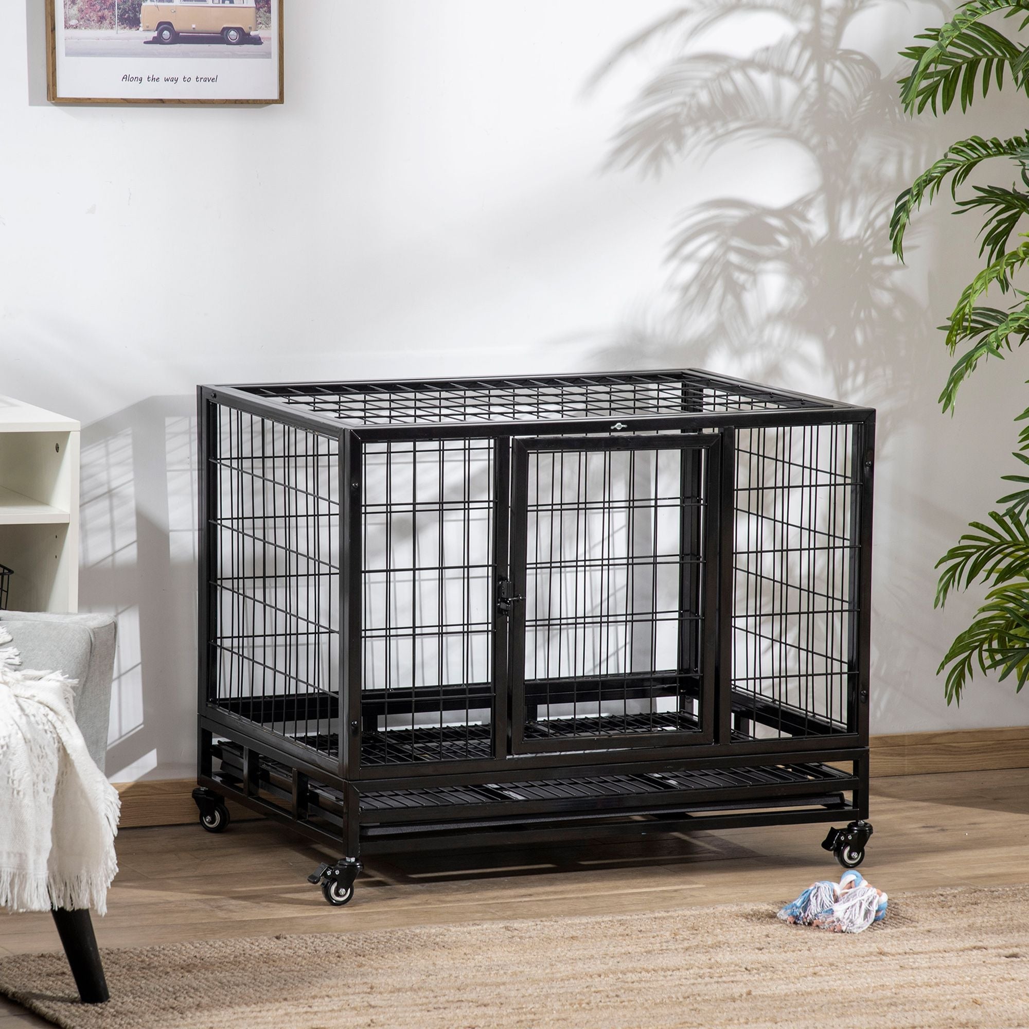 36" Heavy Duty Dog Crate with Removable Tray, Lockable Wheels and Double Door, for Medium and Large Dogs, Black - Dog Time Outlet