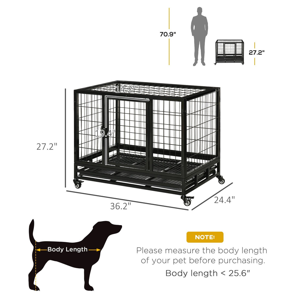 36" Heavy Duty Dog Crate with Removable Tray, Lockable Wheels and Double Door, for Medium and Large Dogs, Black - Dog Time Outlet