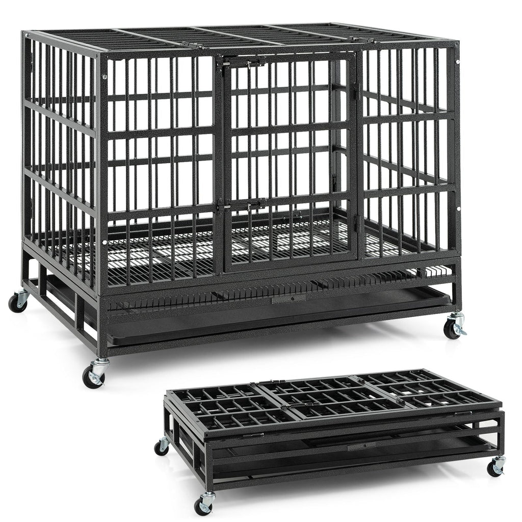 38 Inch Foldable Heavy - Duty Metal Dog Cage with Lockable Rolling Casters and Tray - Dog Time Outlet
