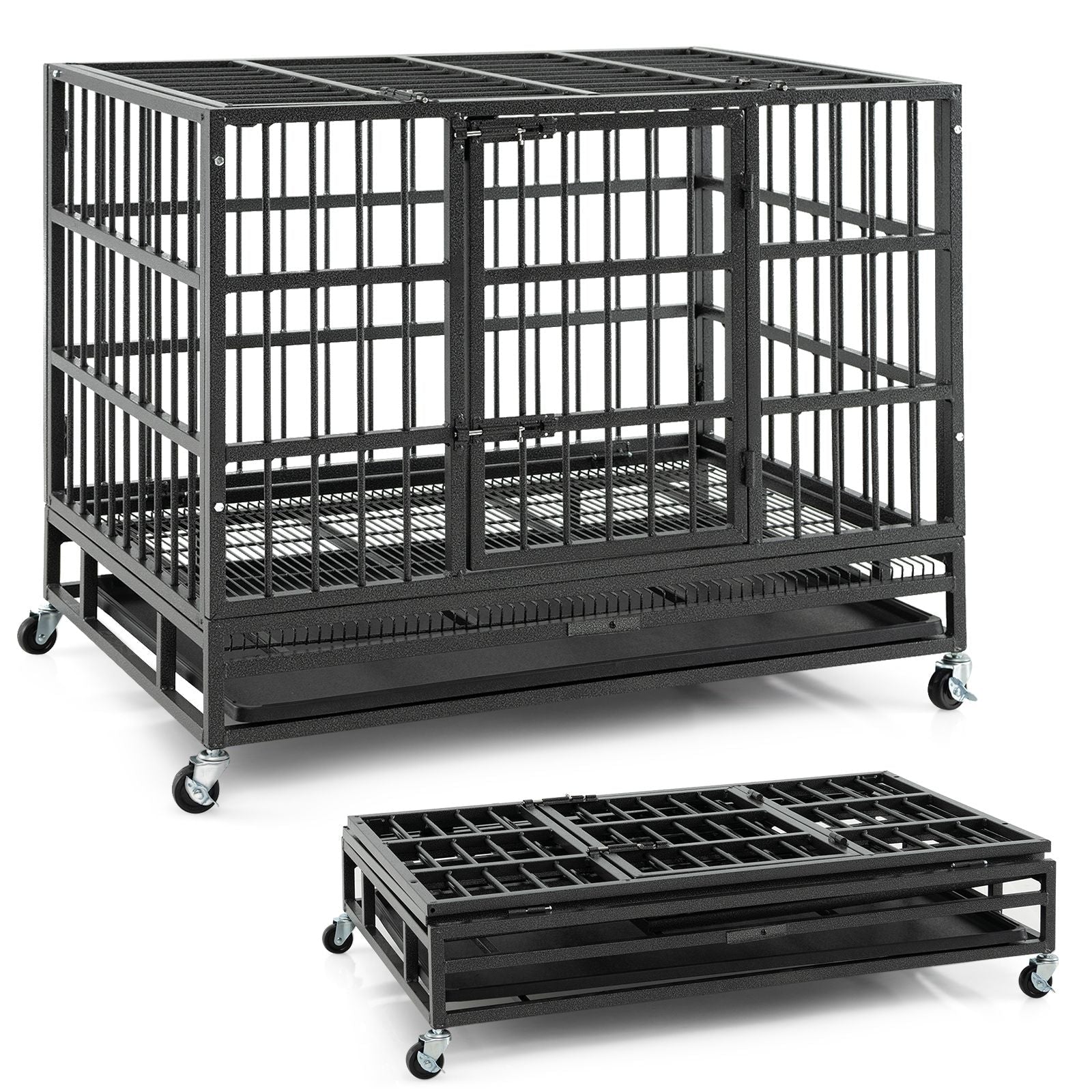 38 Inch Foldable Heavy - Duty Metal Dog Cage with Lockable Rolling Casters and Tray - Dog Time Outlet