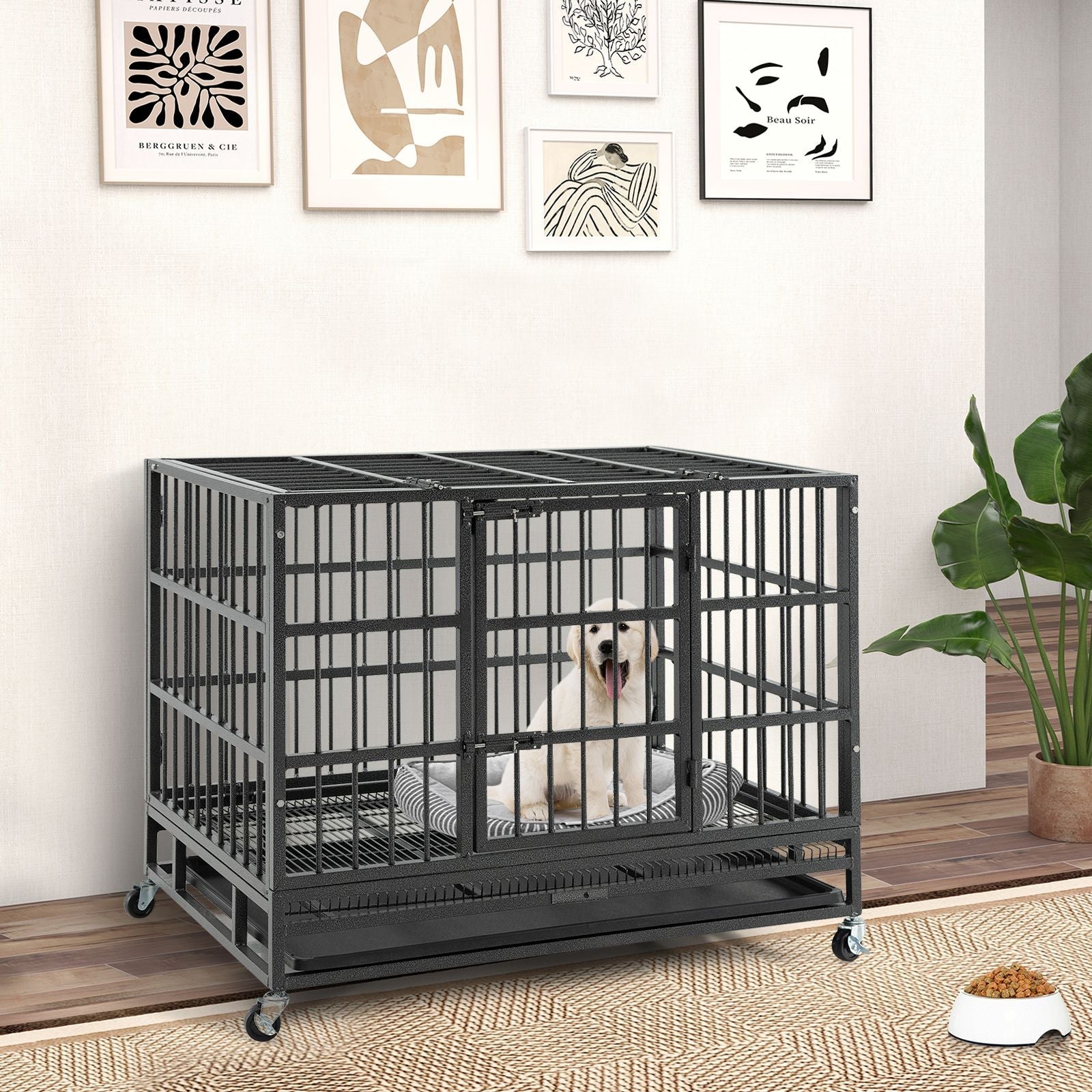 38 Inch Foldable Heavy - Duty Metal Dog Cage with Lockable Rolling Casters and Tray - Dog Time Outlet