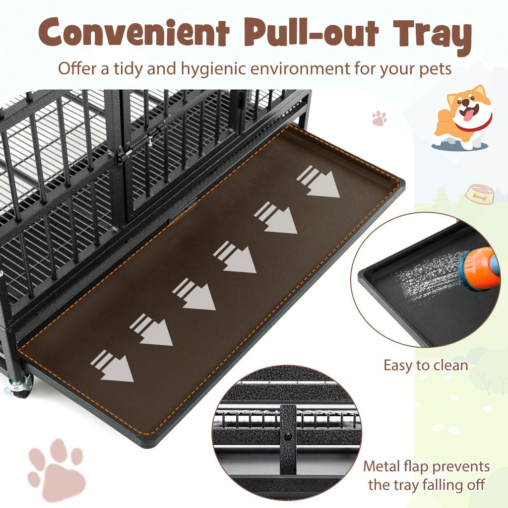 38 Inch Foldable Heavy - Duty Metal Dog Cage with Lockable Rolling Casters and Tray - Dog Time Outlet