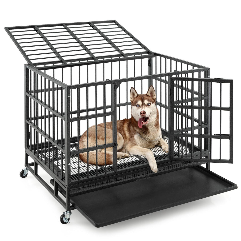 38 Inch Foldable Heavy - Duty Metal Dog Cage with Lockable Rolling Casters and Tray - Dog Time Outlet