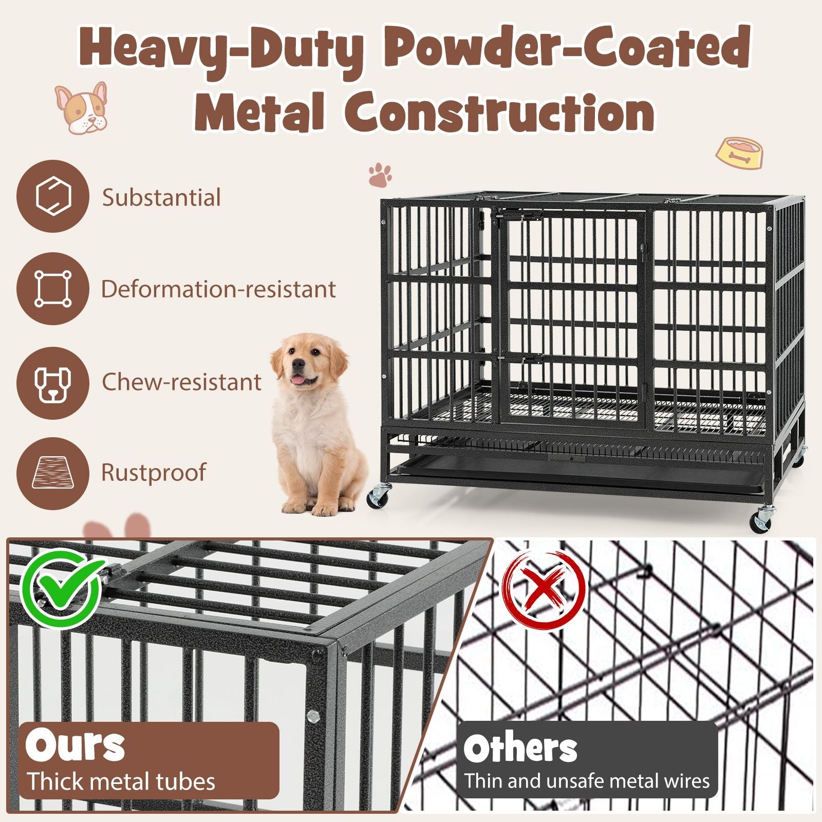 38 Inch Foldable Heavy - Duty Metal Dog Cage with Lockable Rolling Casters and Tray - Dog Time Outlet