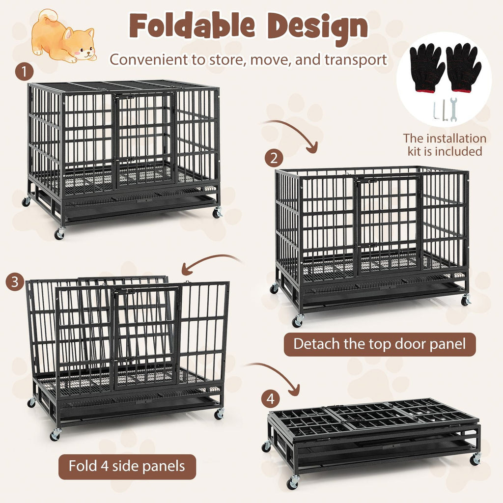 38 Inch Foldable Heavy - Duty Metal Dog Cage with Lockable Rolling Casters and Tray - Dog Time Outlet