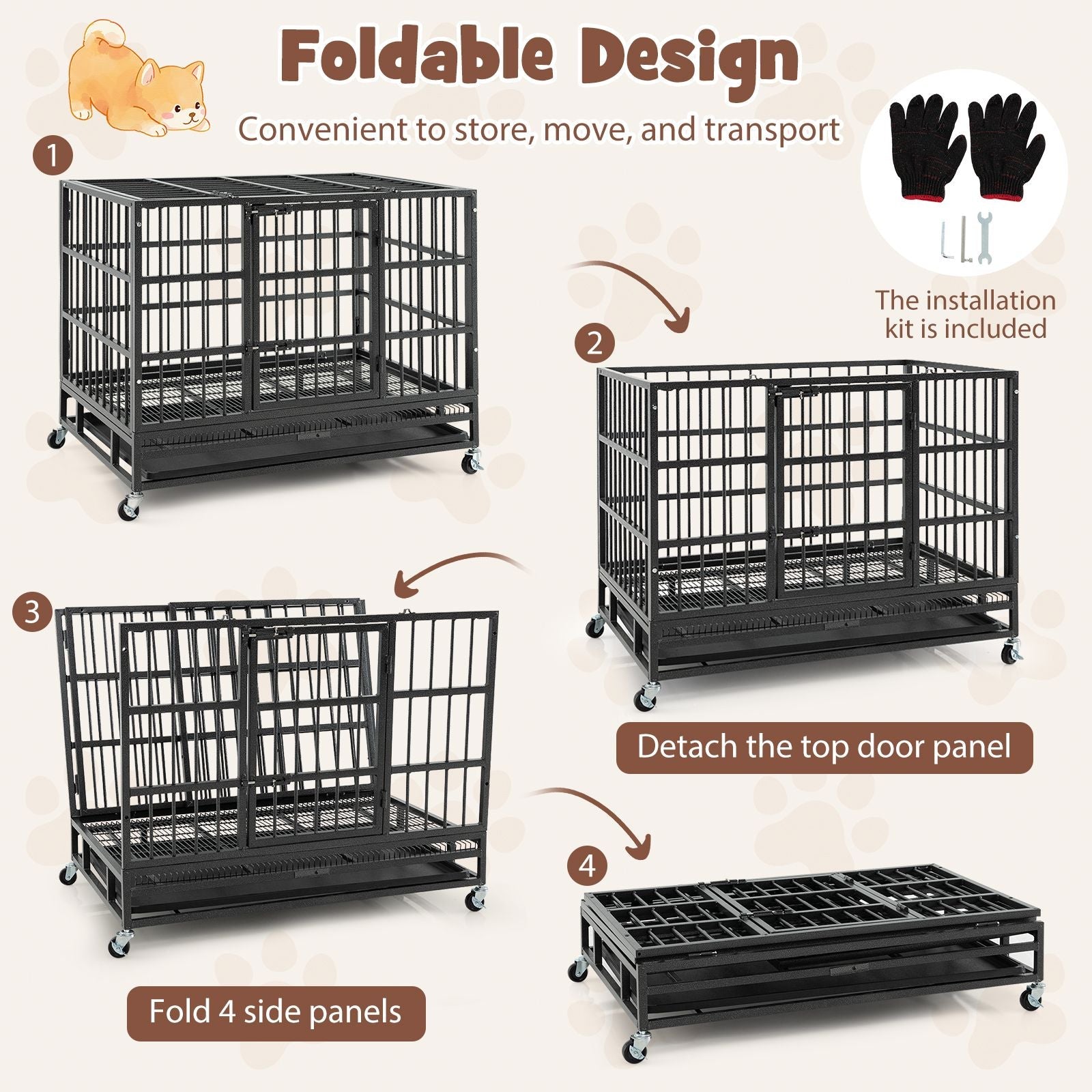 38 Inch Foldable Heavy - Duty Metal Dog Cage with Lockable Rolling Casters and Tray - Dog Time Outlet