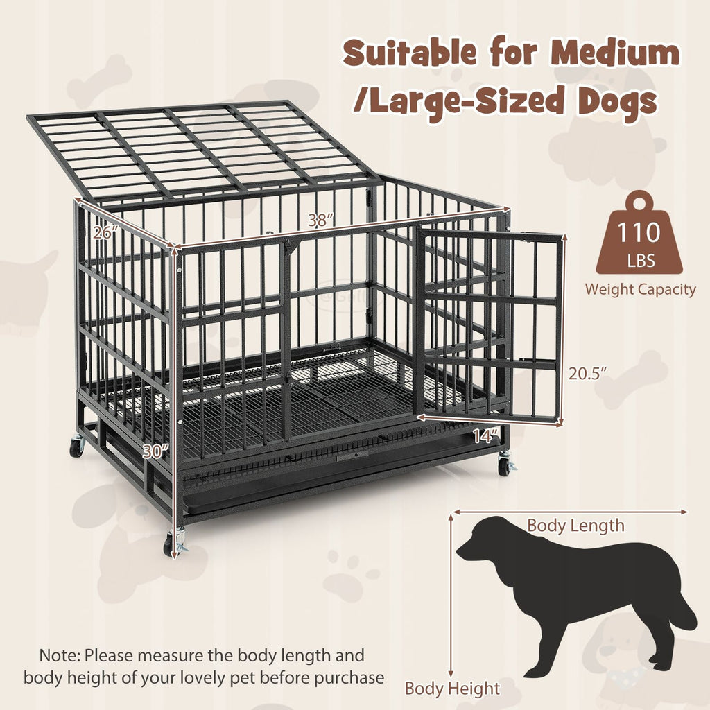 38 Inch Foldable Heavy - Duty Metal Dog Cage with Lockable Rolling Casters and Tray - Dog Time Outlet