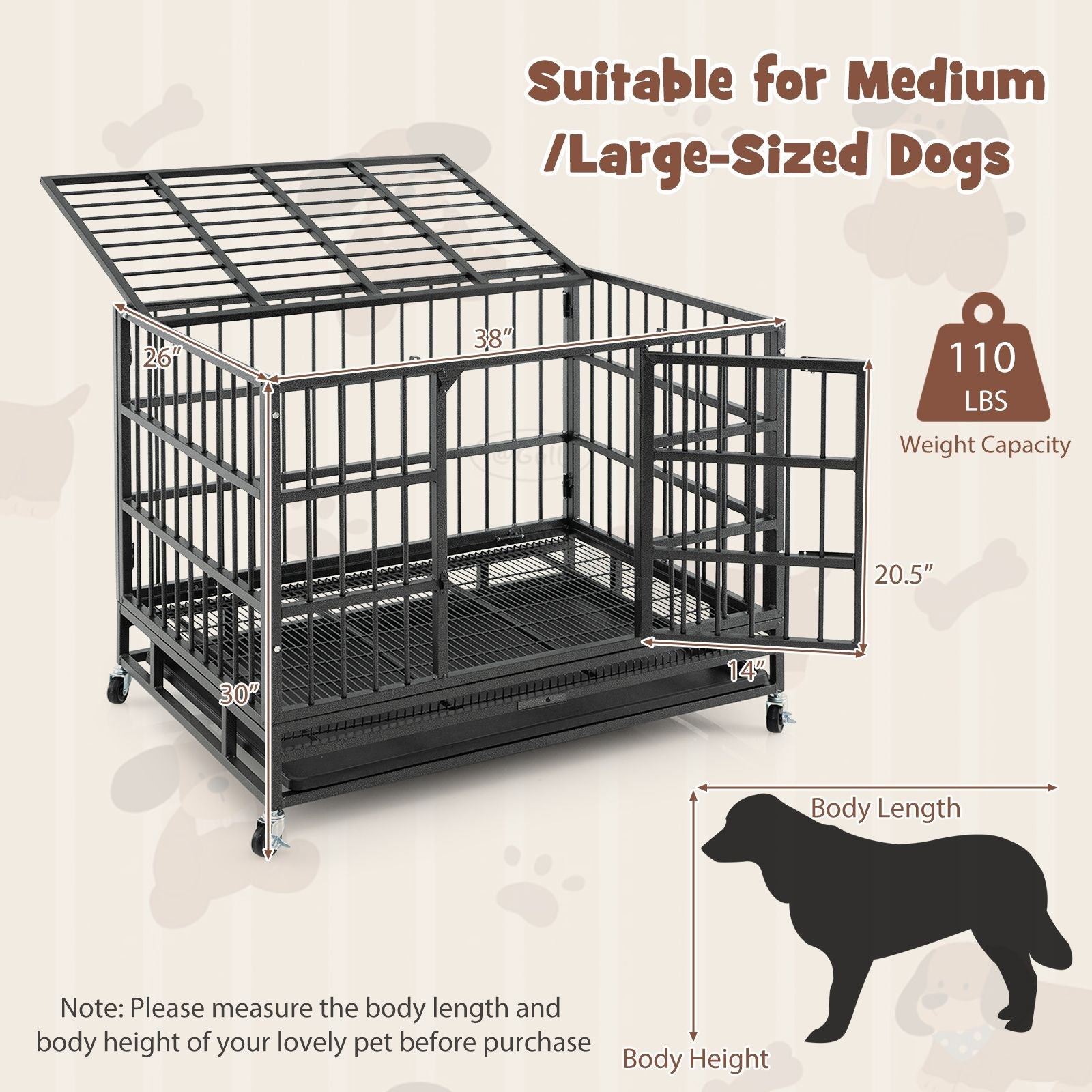 38 Inch Foldable Heavy - Duty Metal Dog Cage with Lockable Rolling Casters and Tray - Dog Time Outlet