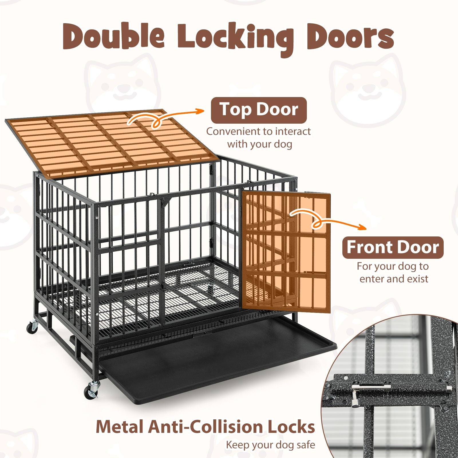 38 Inch Foldable Heavy - Duty Metal Dog Cage with Lockable Rolling Casters and Tray - Dog Time Outlet