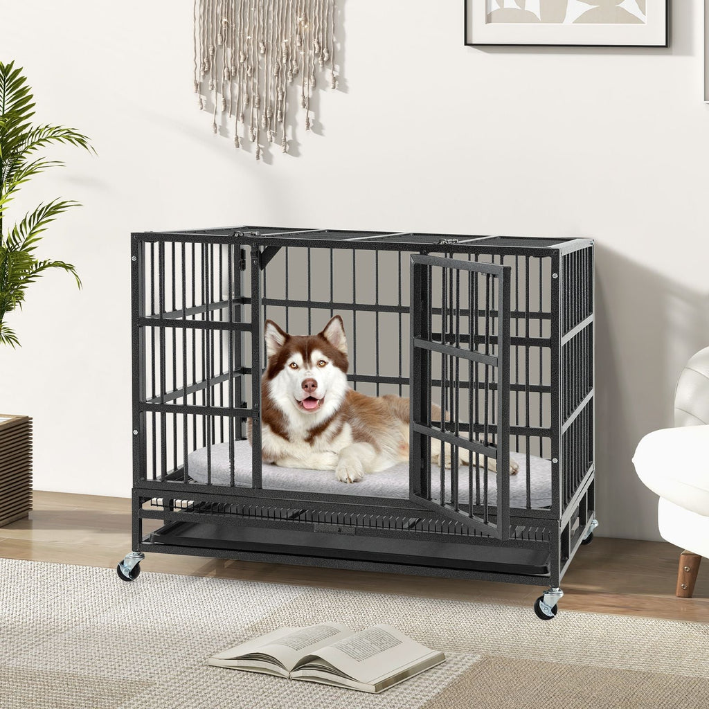 38 Inch Foldable Heavy - Duty Metal Dog Cage with Lockable Rolling Casters and Tray - Dog Time Outlet