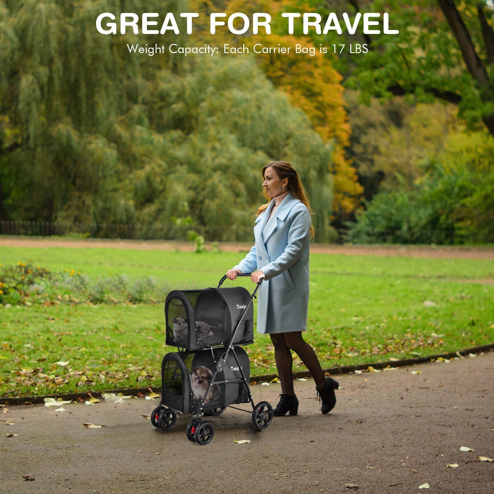 4 - in - 1 Double Pet Stroller with Detachable Carrier and Travel Carriage - Dog Time Outlet