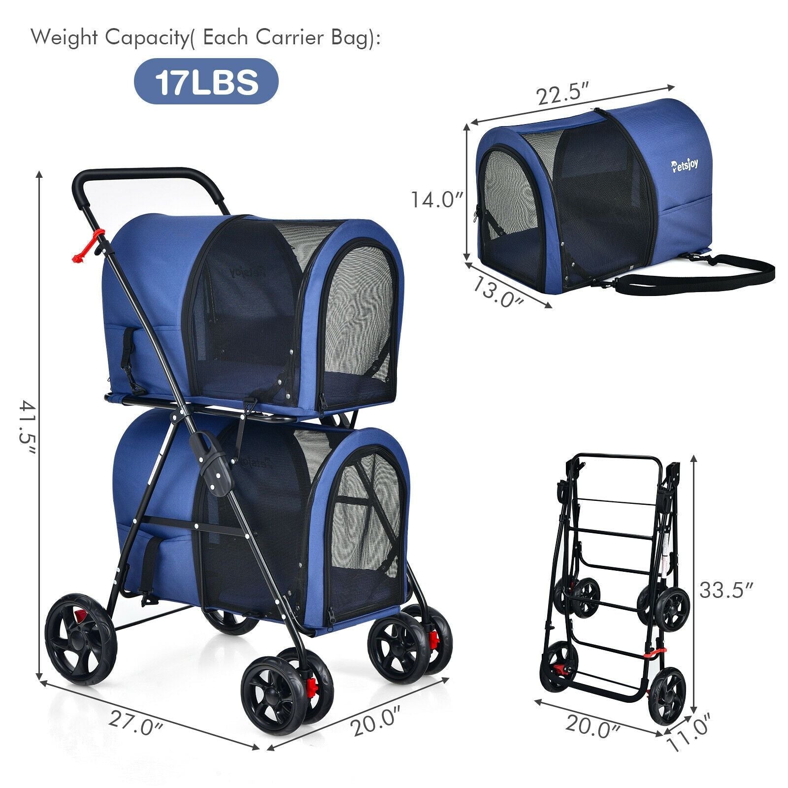 4 - in - 1 Double Pet Stroller with Detachable Carrier and Travel Carriage - Dog Time Outlet