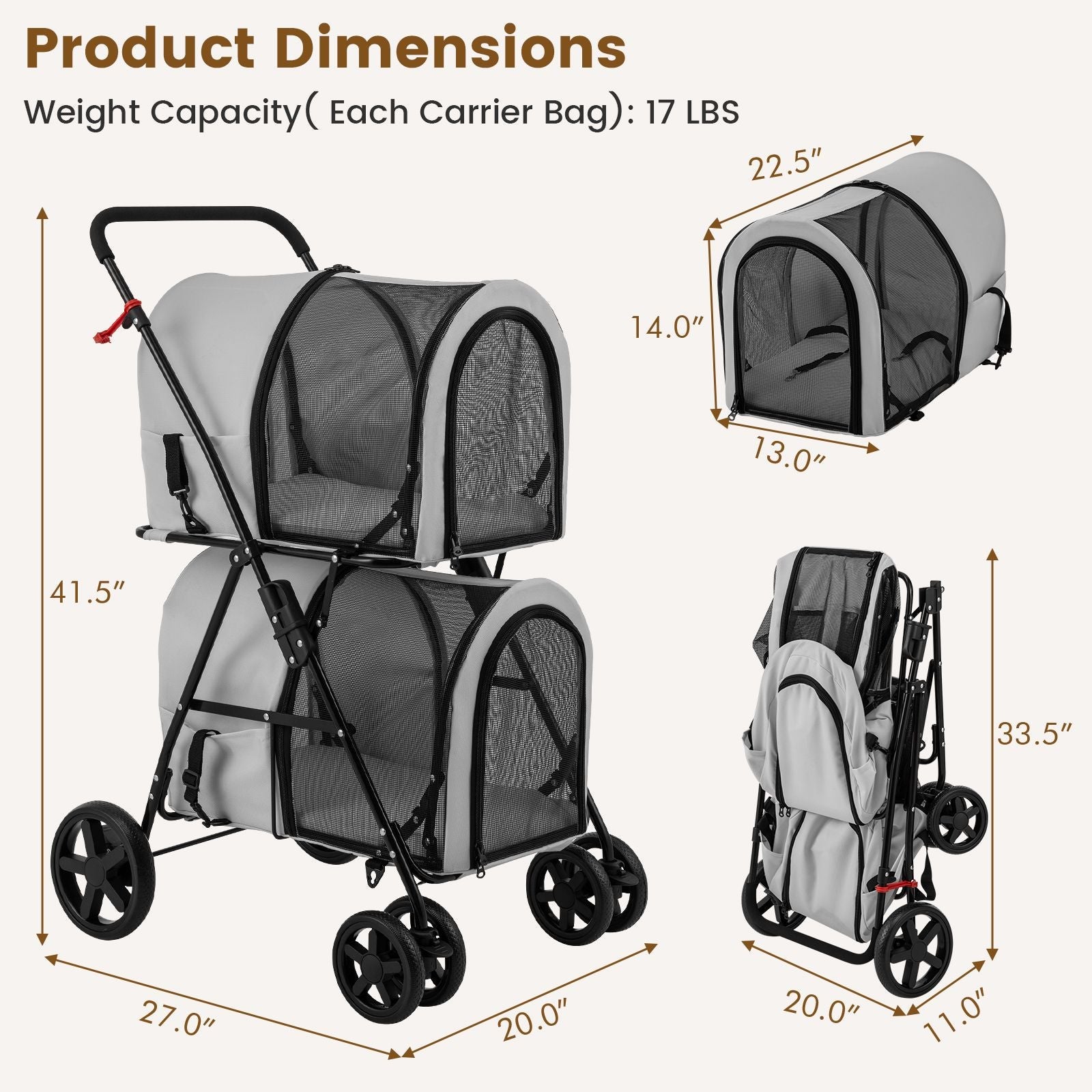 4 - in - 1 Double Pet Stroller with Detachable Carrier and Travel Carriage - Dog Time Outlet