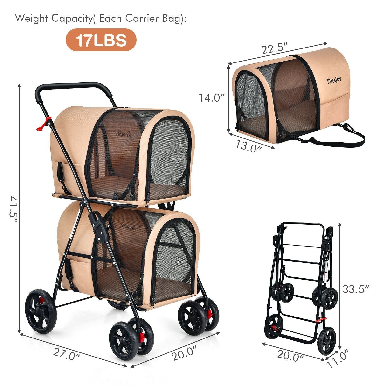 4 - in - 1 Double Pet Stroller with Detachable Carrier and Travel Carriage - Dog Time Outlet