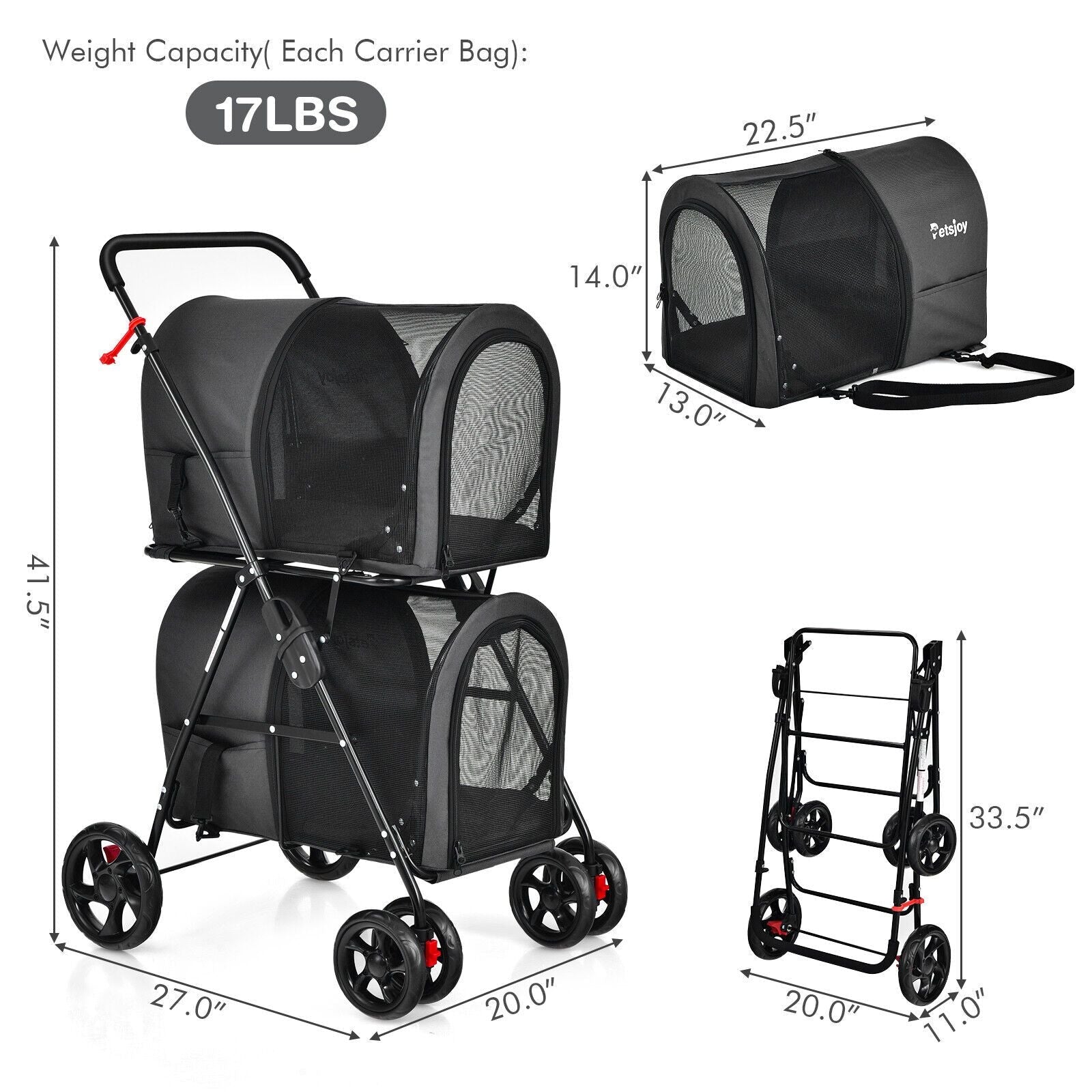 4 - in - 1 Double Pet Stroller with Detachable Carrier and Travel Carriage - Dog Time Outlet