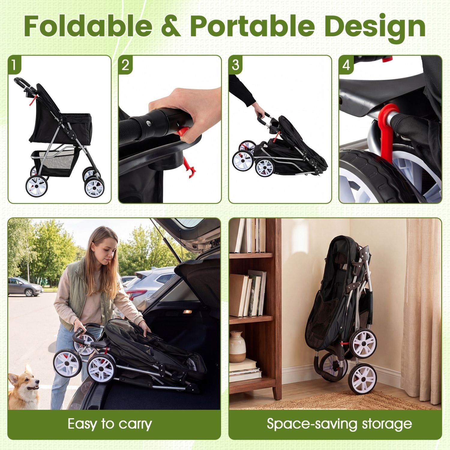 4 Wheel Pet Stroller for Small Dogs Cats up to 33 LBS - Dog Time Outlet
