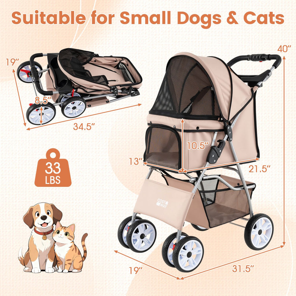 4 Wheel Pet Stroller for Small Dogs Cats up to 33 LBS - Dog Time Outlet