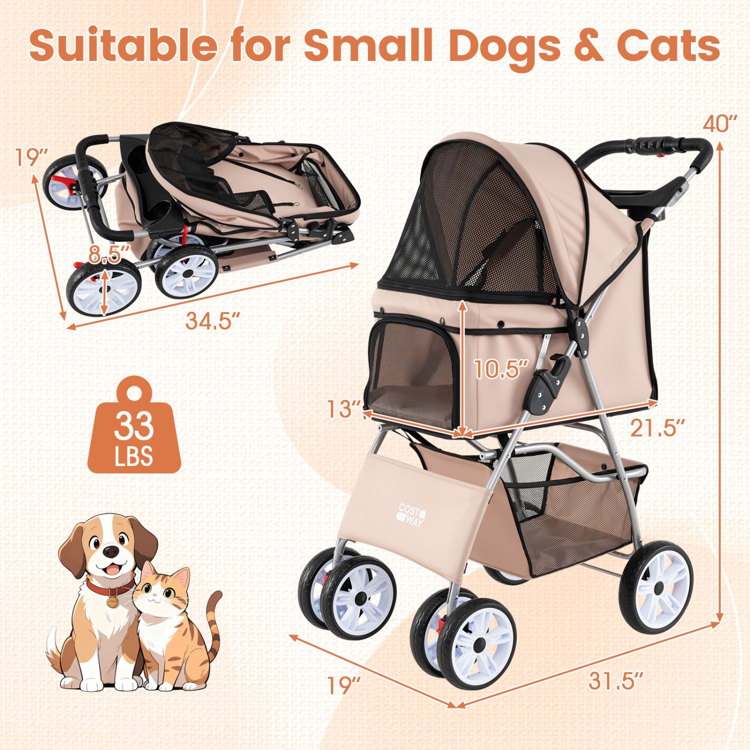 4 Wheel Pet Stroller for Small Dogs Cats up to 33 LBS - Dog Time Outlet