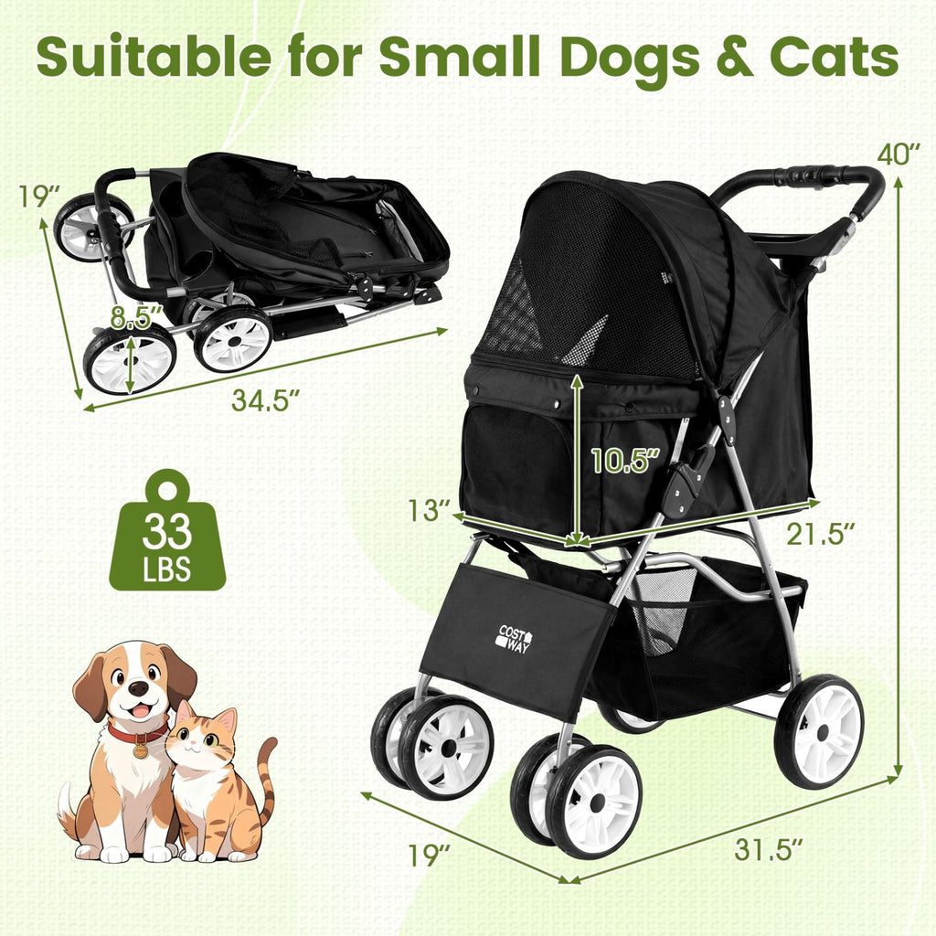 4 Wheel Pet Stroller for Small Dogs Cats up to 33 LBS - Dog Time Outlet