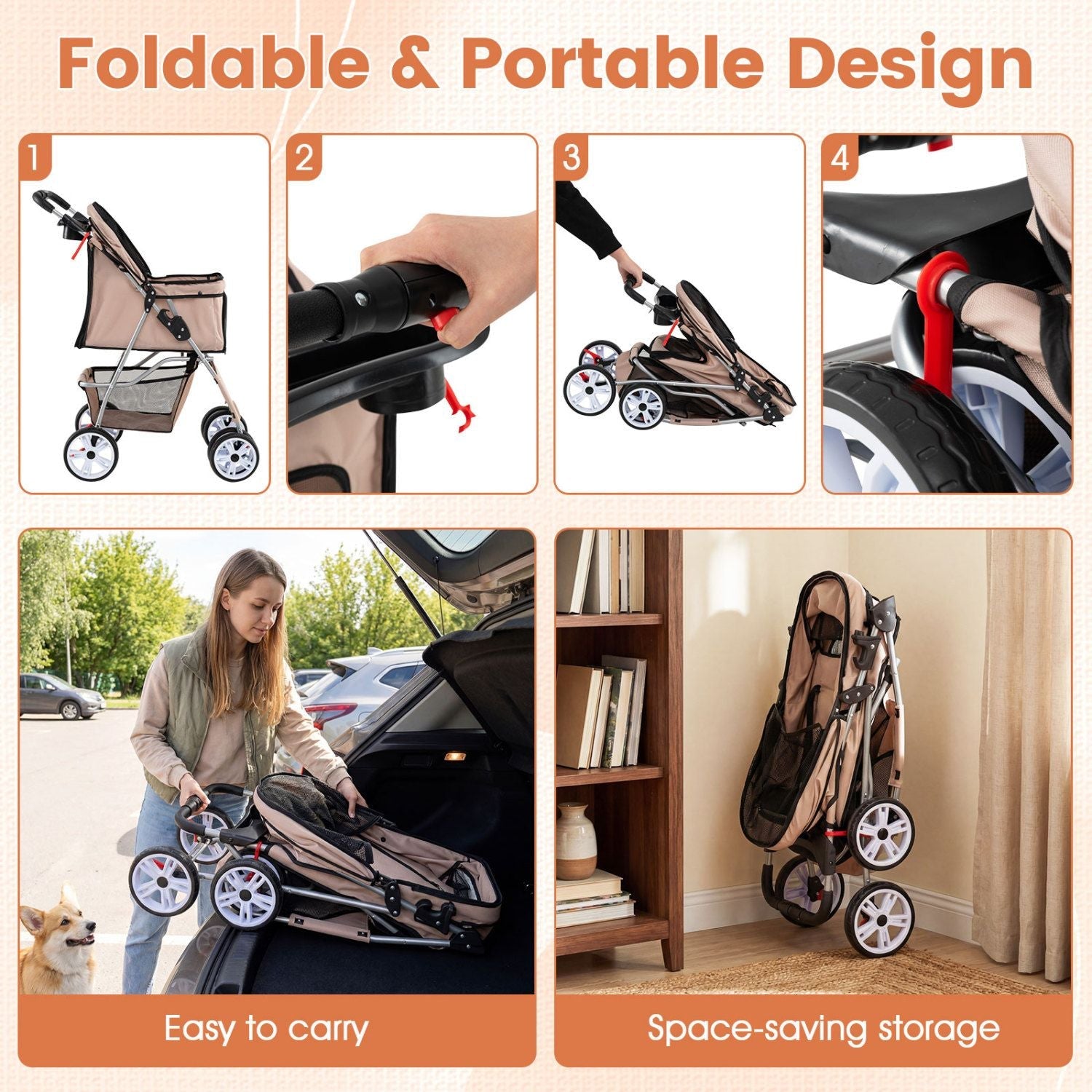 4 Wheel Pet Stroller for Small Dogs Cats up to 33 LBS - Dog Time Outlet