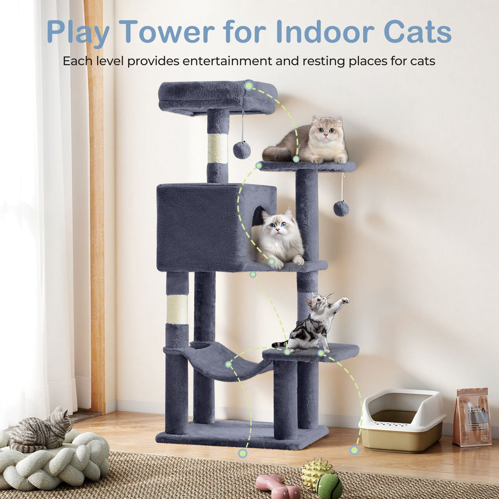 44 inch Cat Tree Tower, Multi - Cat Climbing Tower with, Natural Sisal Scratching Posts, Extended Platform, Hammock - Dog Time Outlet