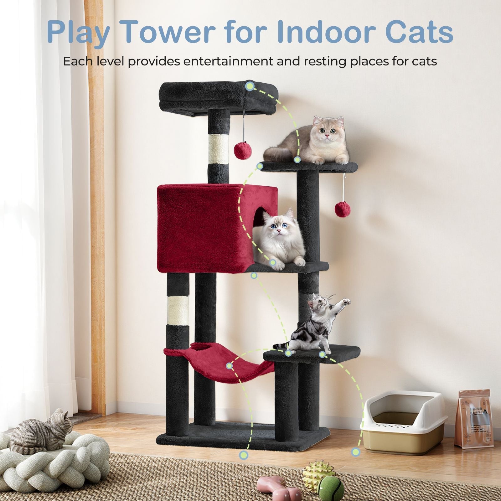 44 inch Cat Tree Tower, Multi - Cat Climbing Tower with, Natural Sisal Scratching Posts, Extended Platform, Hammock - Dog Time Outlet