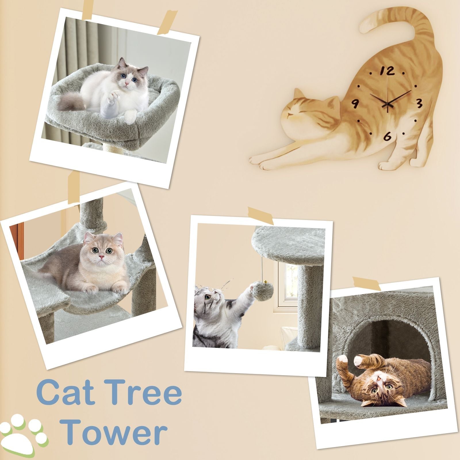 44 inch Cat Tree Tower, Multi - Cat Climbing Tower with, Natural Sisal Scratching Posts, Extended Platform, Hammock - Dog Time Outlet