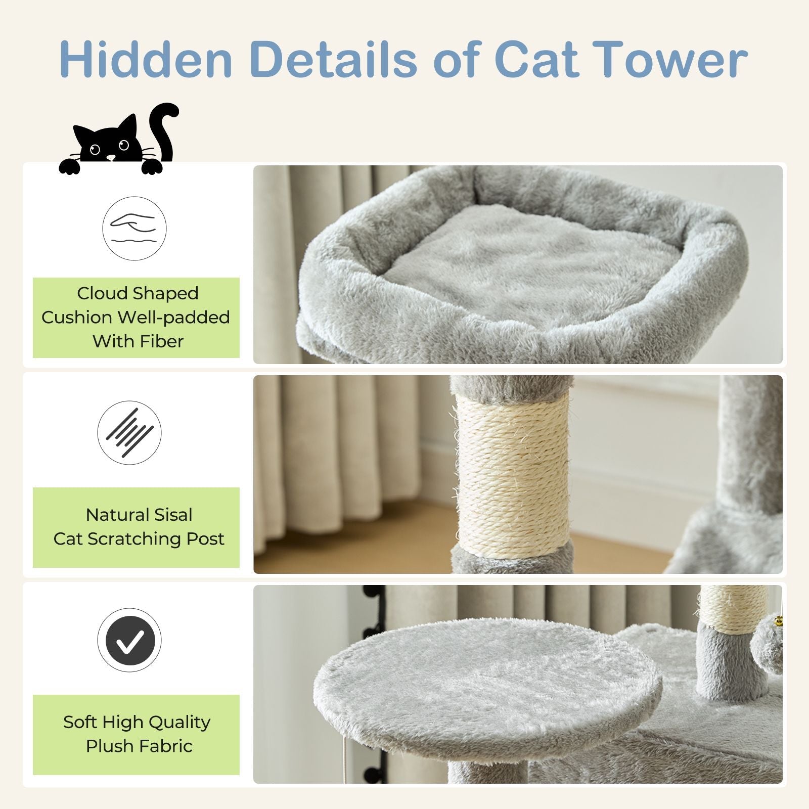 44 inch Cat Tree Tower, Multi - Cat Climbing Tower with, Natural Sisal Scratching Posts, Extended Platform, Hammock - Dog Time Outlet