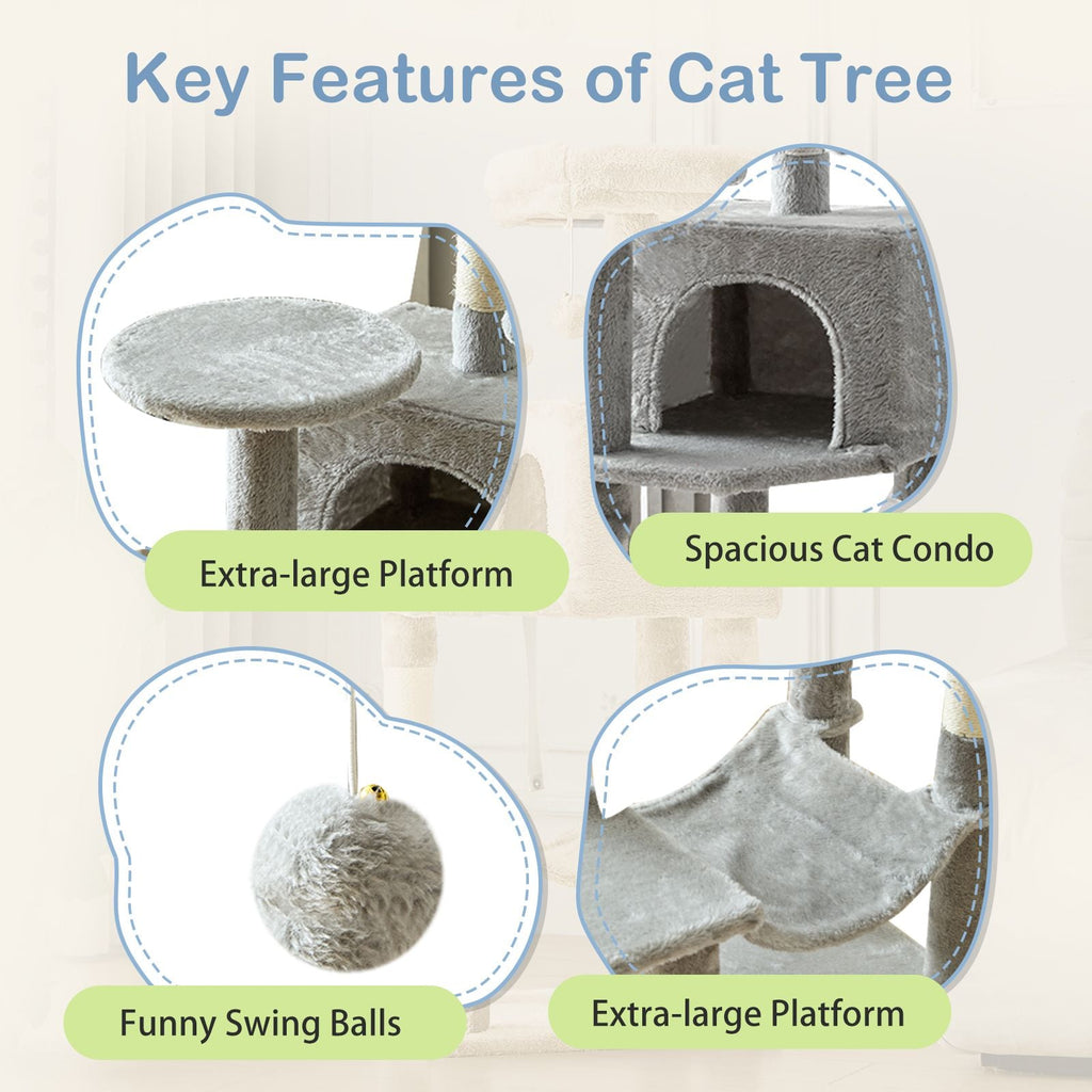 44 inch Cat Tree Tower, Multi - Cat Climbing Tower with, Natural Sisal Scratching Posts, Extended Platform, Hammock - Dog Time Outlet