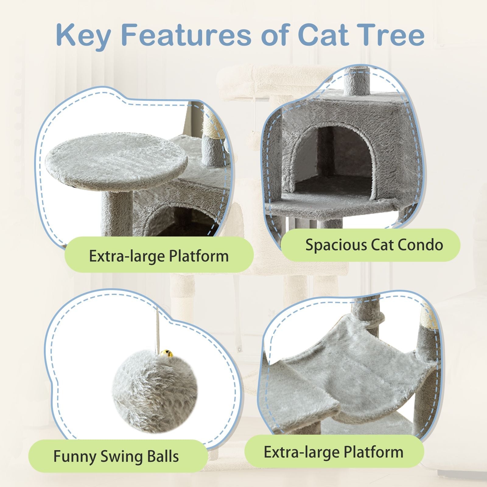 44 inch Cat Tree Tower, Multi - Cat Climbing Tower with, Natural Sisal Scratching Posts, Extended Platform, Hammock - Dog Time Outlet
