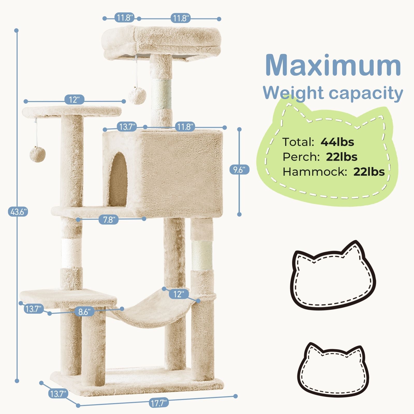 44 inch Cat Tree Tower, Multi - Cat Climbing Tower with, Natural Sisal Scratching Posts, Extended Platform, Hammock - Dog Time Outlet