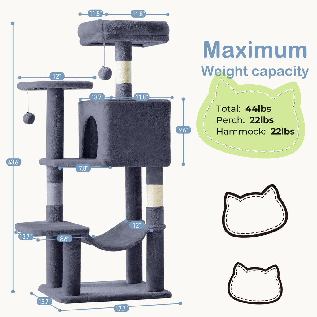 44 inch Cat Tree Tower, Multi - Cat Climbing Tower with, Natural Sisal Scratching Posts, Extended Platform, Hammock - Dog Time Outlet