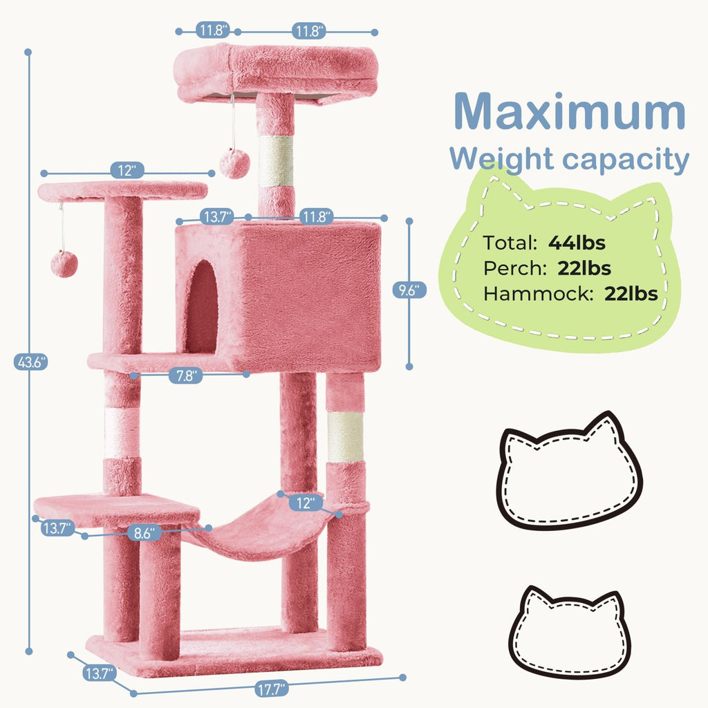 44 inch Cat Tree Tower, Multi - Cat Climbing Tower with, Natural Sisal Scratching Posts, Extended Platform, Hammock - Dog Time Outlet