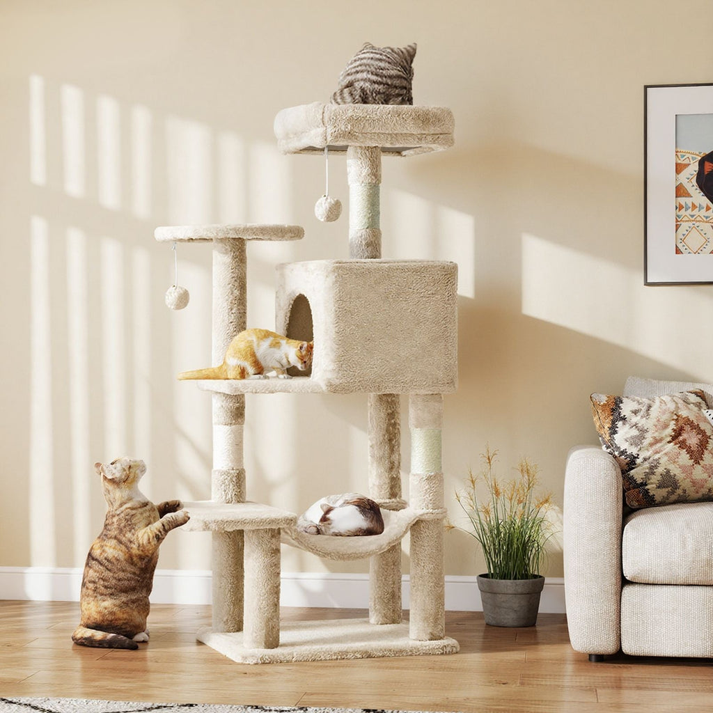 44 inch Cat Tree Tower, Multi - Cat Climbing Tower with, Natural Sisal Scratching Posts, Extended Platform, Hammock - Dog Time Outlet