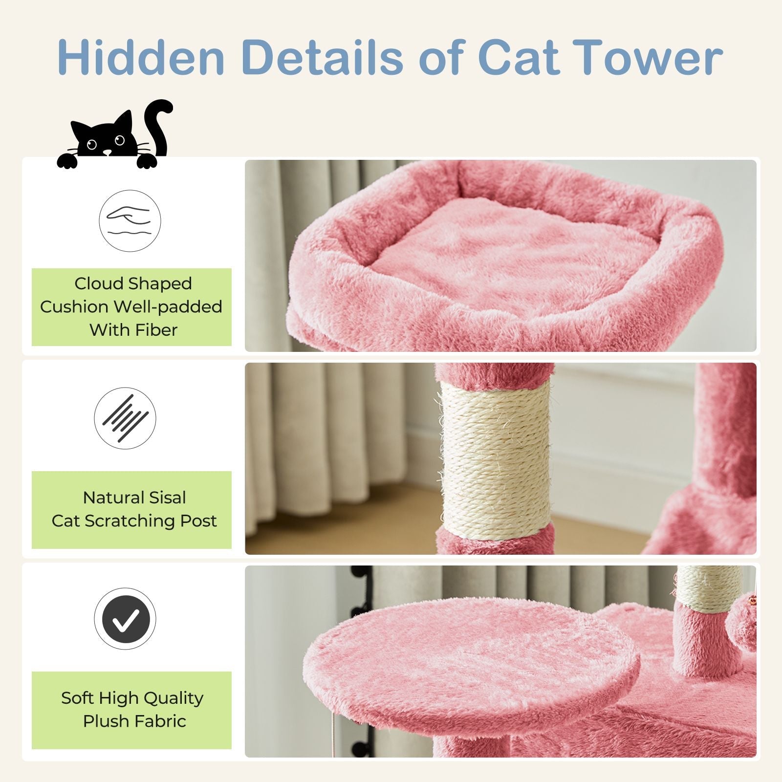 44 inch Cat Tree Tower, Multi - Cat Climbing Tower with, Natural Sisal Scratching Posts, Extended Platform, Hammock - Dog Time Outlet